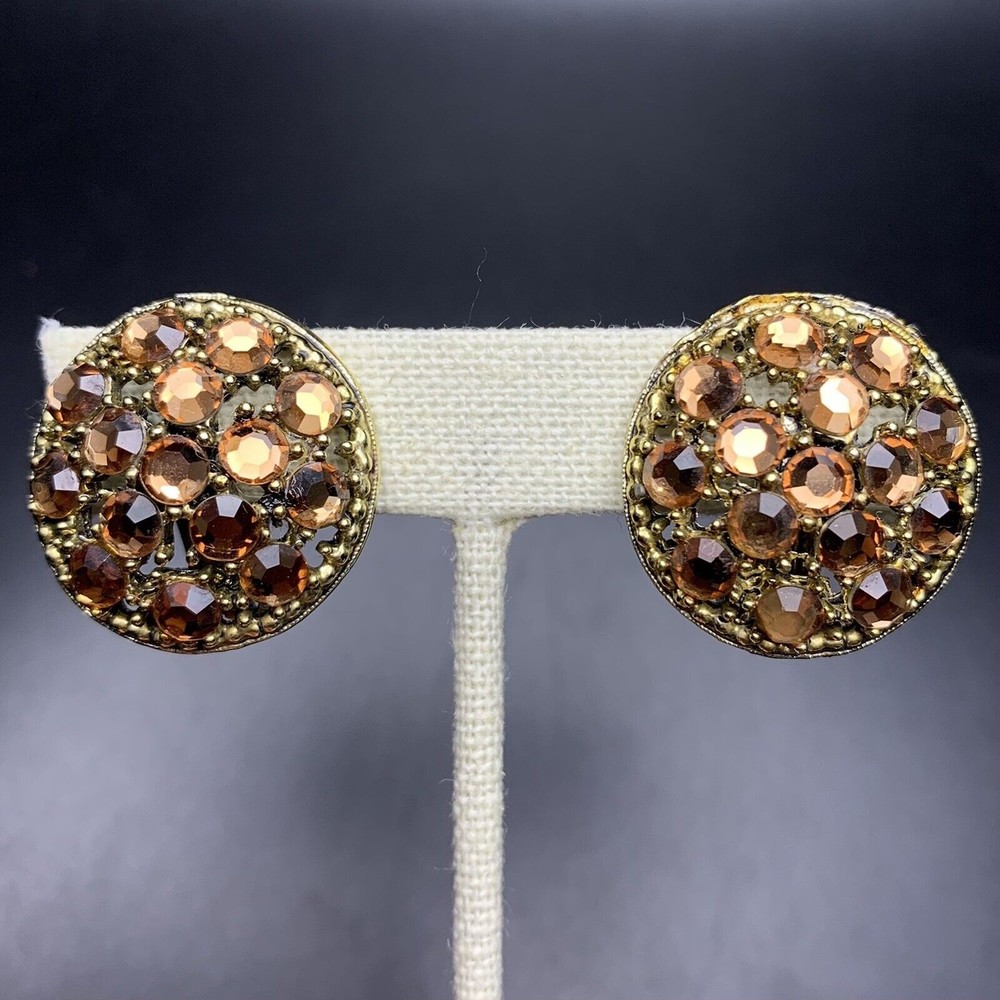 Weiss Clip On Earrings Sparkly Brown Rhinestone Gold Tone Round Domed Vintage